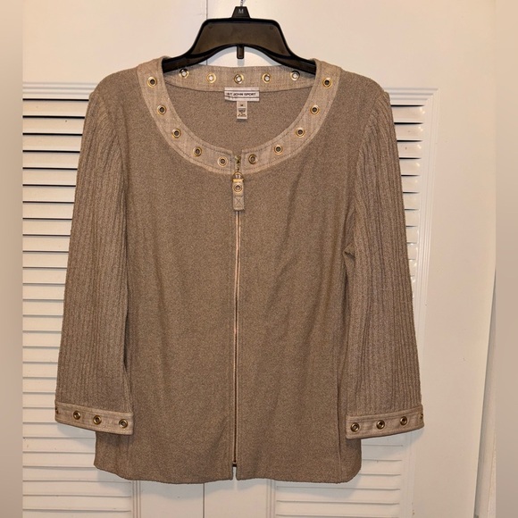 ST. JOHN SPORT Tan Scoop Neck Sweater Zip Cardigan with Grommets | Size M - Picture 1 of 7
